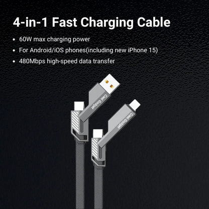 Cool Gadget 4-in-1 60W Nylon Fast Charging USB-C Cable, 5ft